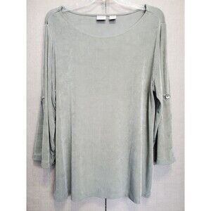 Chico's Travelers Green Boat Neck Roll-Tab Sleeve Tunic Size 2 Large
